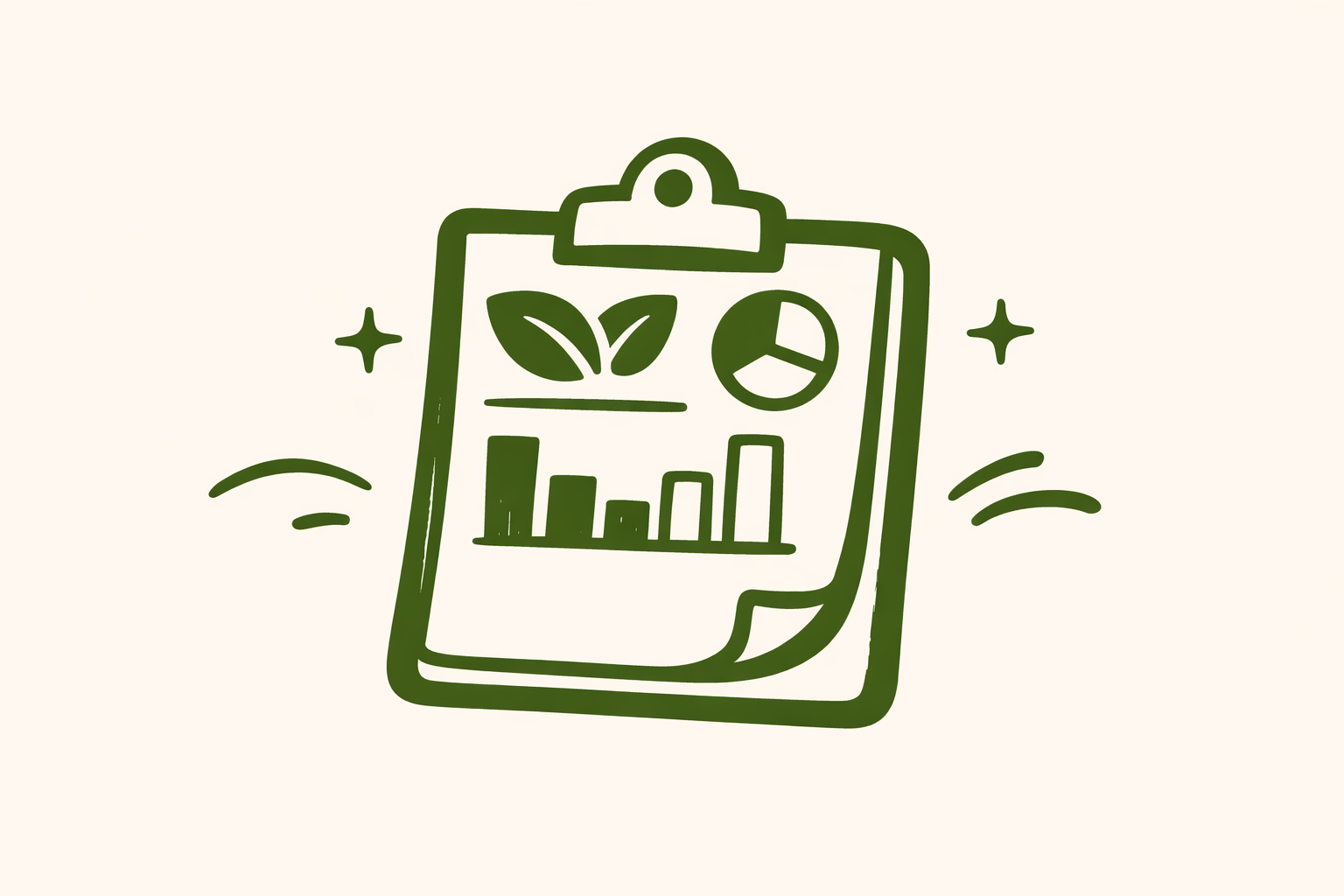 Illustration of a clipboard with sustainability charts and leaf icons