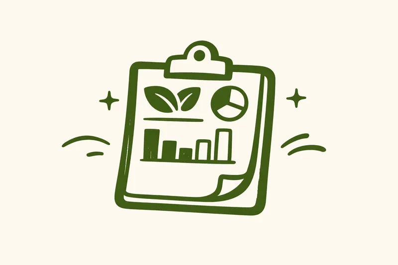Illustration of a clipboard with sustainability charts and leaf icons