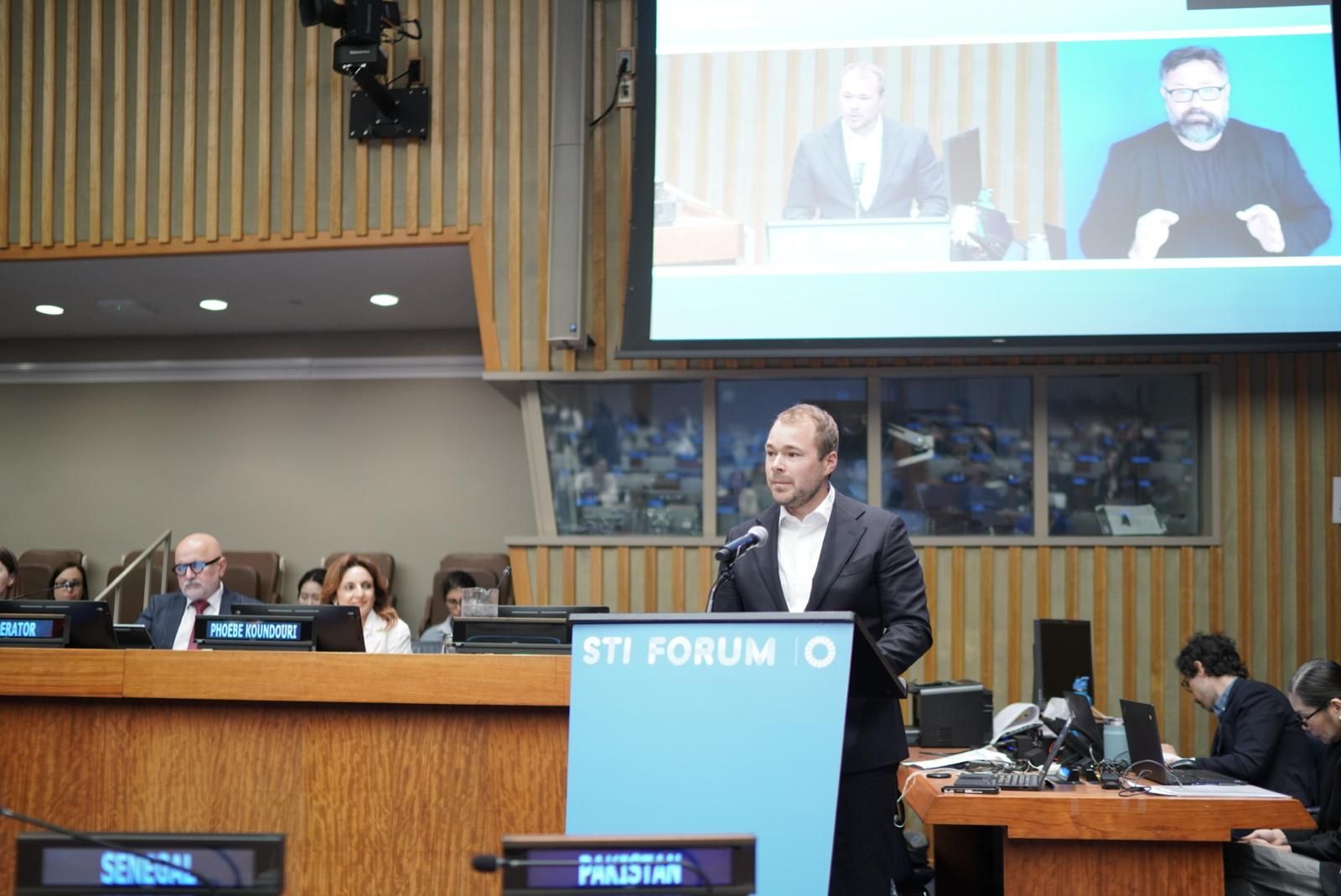Dr. Kees Krul presenting SustainabilityReports.com at the United Nations Science, Technology and Innovation (STI) Forum 2026 at UN Headquarters in New York